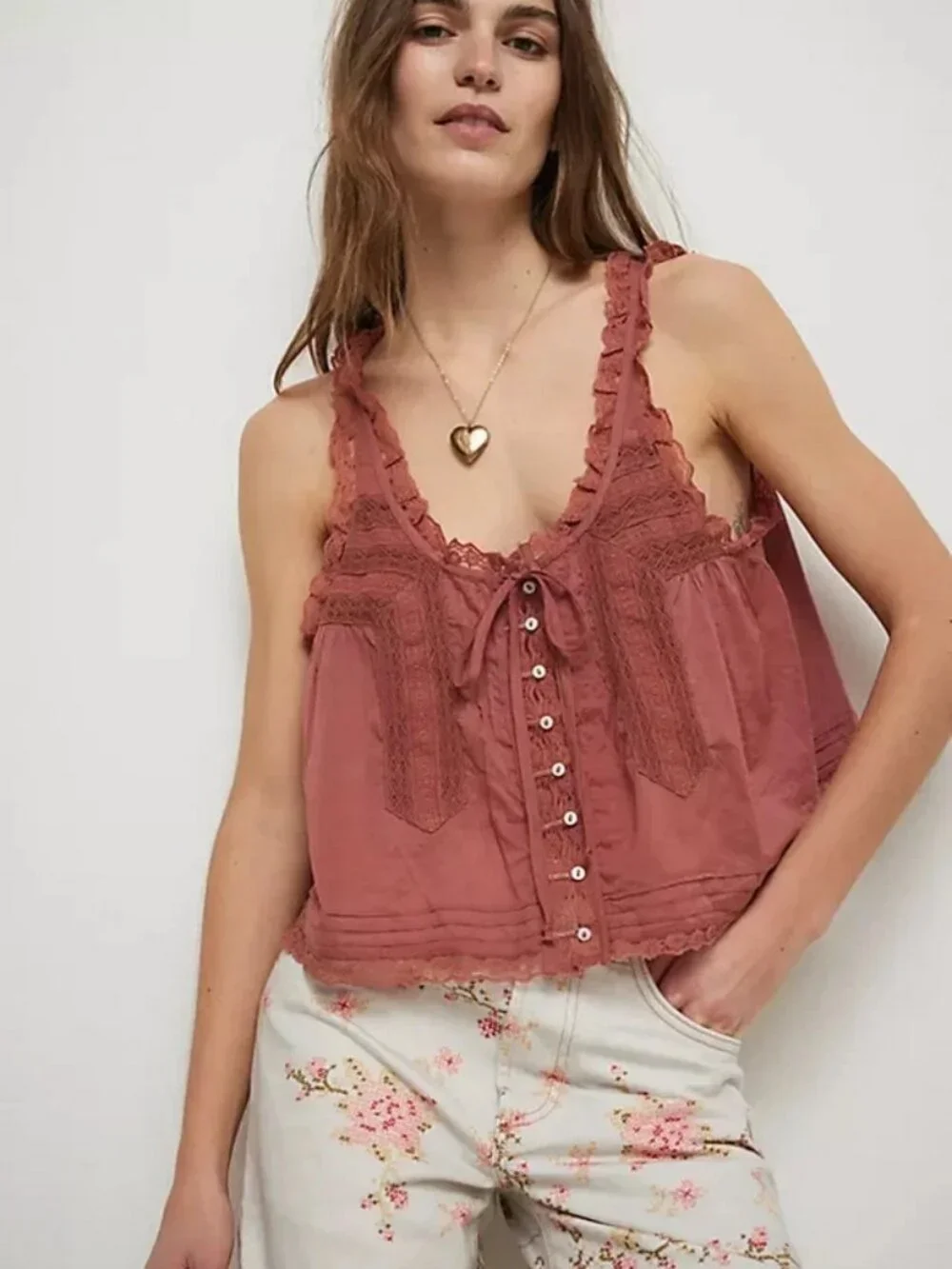 Free People Forevermore Tank Top Adjustable Tie Sheer Lace Ruffle XS